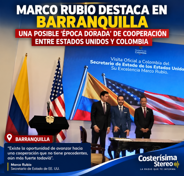 Marco Rubio durante su declaración conjunta en Barranquilla sobre la cooperación entre Estados Unidos y Colombia.