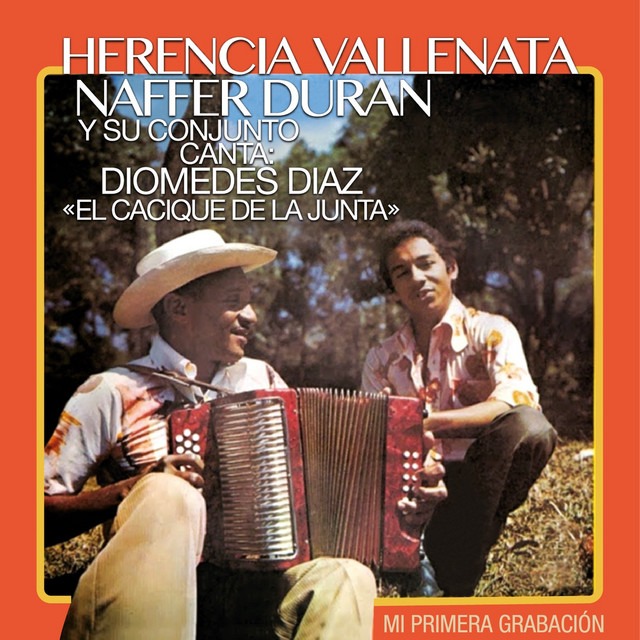 Carátula del álbum Herencia Vallenata de Náfer Durán y su conjunto, con Diomedes Díaz como cantante, mostrando a ambos artistas con un acordeón en un ambiente campestre.